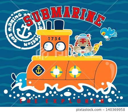 Cartoon of cat on submarine feeding a bird with a fish. Vector cartoon illustration Cartoon of cat on submarine feeding a bird with a fish. Vector cartoon illustration 140369958