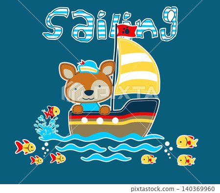 Little fox on sailboat with fishes. Vector cartoon illustration Little fox on sailboat with fishes. Vector cartoon illustration 140369960