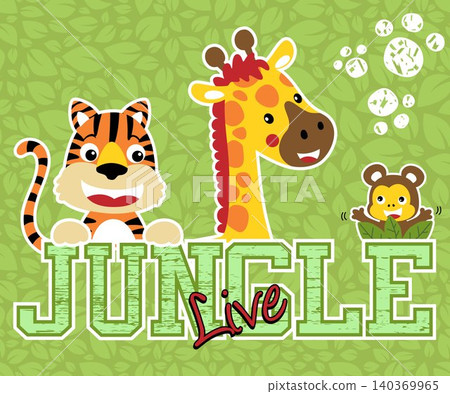 Funny jungle animals cartoon, tiger, giraffe, monkey on seamless pattern of leaves background. Vector cartoon illustration Funny jungle animals cartoon, tiger, giraffe, monkey on seamless pattern of leaves background. Vector cartoon illustration 140369965