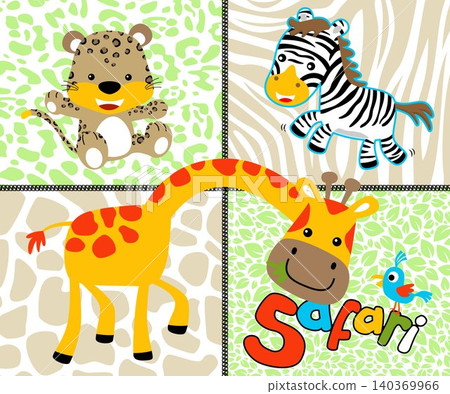 Funny animals cartoon on animals skin stripe background. Vector cartoon illustration Funny animals cartoon on animals skin stripe background. Vector cartoon illustration 140369966