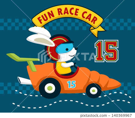 Cute bunny wearing helmet car racer driving carrot car. Vector cartoon illustration Cute bunny wearing helmet car racer driving carrot car. Vector cartoon illustration 140369967