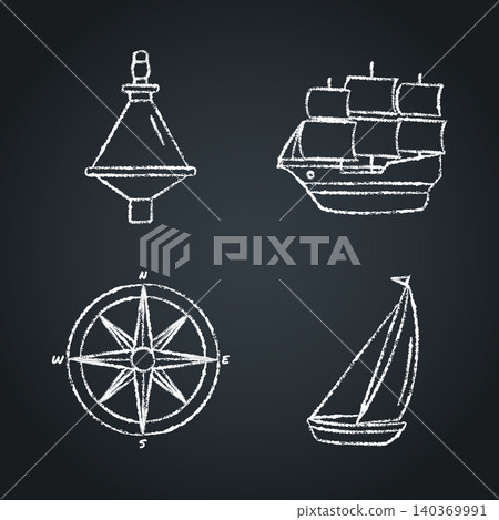 Collection of nautical icon sketches on chalkboard 140369991