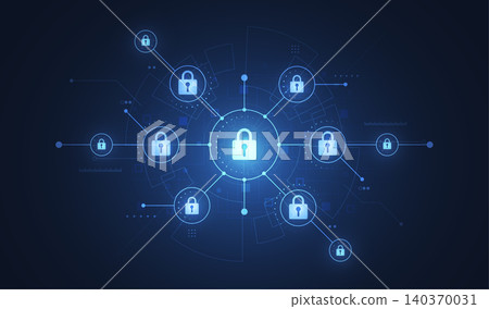 Cyber security technology background. Network protection concept with padlock icons connected on blue abstract digital interface. Cyber security technology background. Network protection concept with padlock icons connected on blue abstract digital interface. 140370031