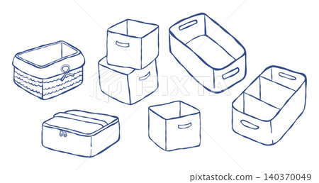 Comprehensive Home Storage and Organization Collection. Eco-Friendly Baskets, Bins, Hampers, Boxes and Organizers for Sustainable Living. Isolated Outline Blue Hand-Drawn Doodle. Vector Illustration. 140370049