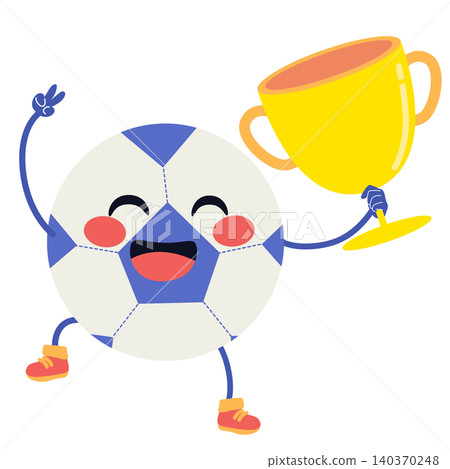 Cute Soccer Ball Mascot Holding Golden Trophy Cute Soccer Ball Mascot Holding Golden Trophy 140370248