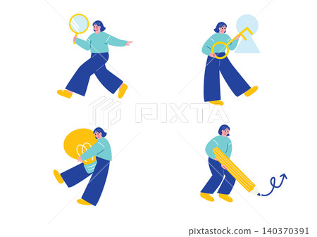 A set of illustrations of a woman brainstorming ideas. A set of illustrations of a woman brainstorming ideas. 140370391