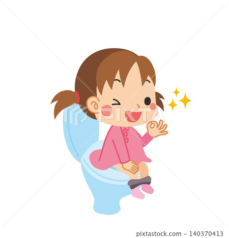 一幅插圖,描繪了一個可愛的小女孩坐在馬桶上,比出“OK”的手勢。 一幅插圖,描繪了一個可愛的小女孩坐在馬桶上,比出“OK”的手勢。 140370413