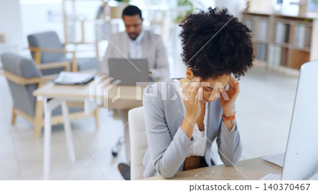 Frustrated woman, headache and stress with depression at office in burnout, anxiety or mental health. Female person or young employee with migraine, strain or pressure in fatigue or pain at workplace Frustrated woman, headache and stress with depression at office in burnout, anxiety or mental health. Female person or young employee with migraine, strain or pressure in fatigue or pain at workplace 140370467