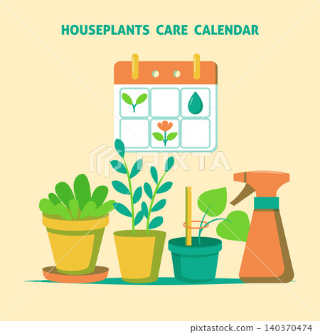 Houseplants care calendar poster. Potted plants, sprinkler and calendar sheet with care symbols. Vector illustration Houseplants care calendar poster. Potted plants, sprinkler and calendar sheet with care symbols. Vector illustration 140370474