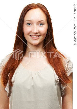 Hair care, ginger and portrait of happy woman with beauty in white background for a red shine. Wellness, natural model or person in studio with healthy glow, smile or hairstyle results for confidence Hair care, ginger and portrait of happy woman with beauty in white background for a red shine. Wellness, natural model or person in studio with healthy glow, smile or hairstyle results for confidence 140370494