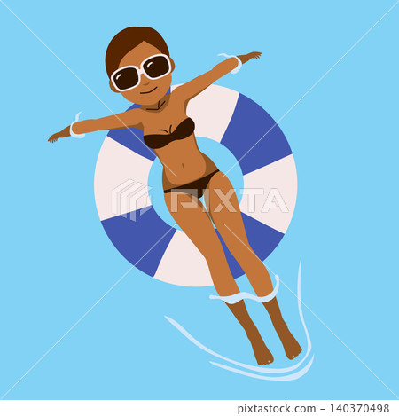 Latina Woman Relaxing on Inflatable Float at Swimming Pool Latina Woman Relaxing on Inflatable Float at Swimming Pool 140370498