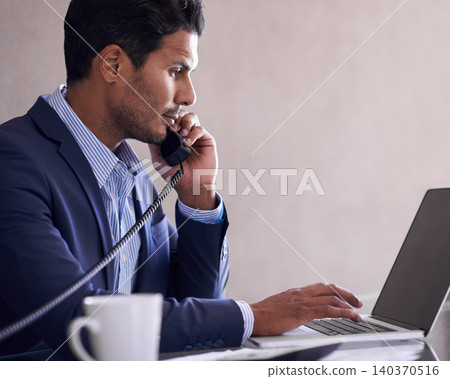 Phone call, laptop and business man in office with telephone for networking, communication and talking. Professional, corporate consultant and worker on computer for internet, website and planning Phone call, laptop and business man in office with telephone for networking, communication and talking. Professional, corporate consultant and worker on computer for internet, website and planning 140370516