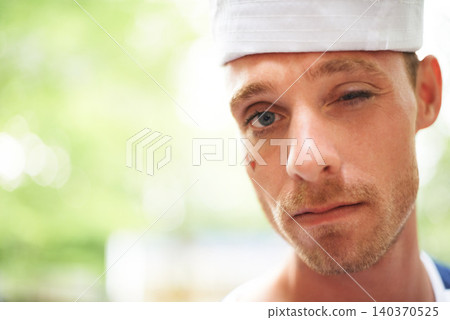 Portrait, hat and man wink outdoor in sailor outfit at music festival, event or summer carnival. Face, blink and serious person at party for celebration concert, bokeh and facial paint in France Portrait, hat and man wink outdoor in sailor outfit at music festival, event or summer carnival. Face, blink and serious person at party for celebration concert, bokeh and facial paint in France 140370525
