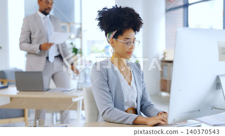 Business people, technology or typing on computer in modern office or professional for networking at work. Developer, man or woman on laptop or scroll or online research on design of company website 140370543