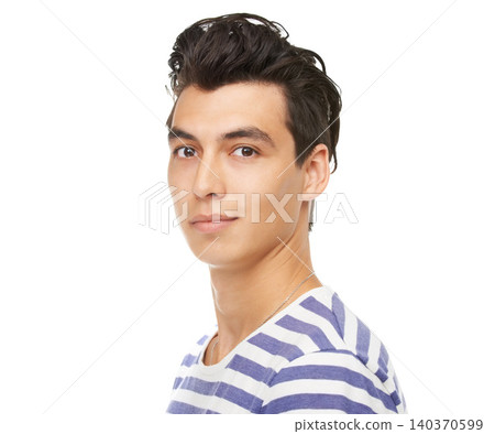 Portrait, serious and young man in studio for fashion isolated on a white background mockup space. Face, confidence and person, model or student in casual clothes for style on a backdrop in Mexico 140370599