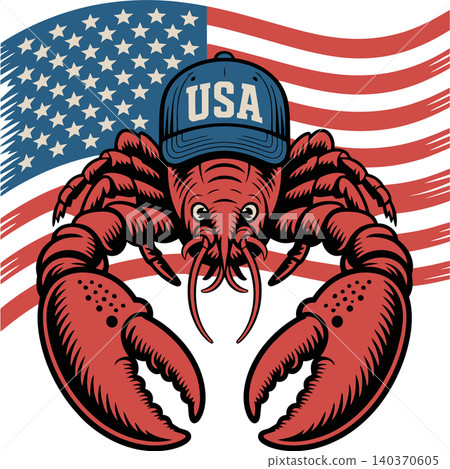 Patriotic Lobster with USA Hat and American Flag Illustration Patriotic Lobster with USA Hat and American Flag Illustration 140370605