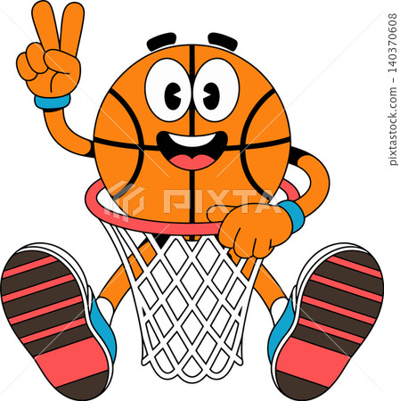 Cute Basketball Mascot Sitting in Hoop Cartoon Sports Illustration Cute Basketball Mascot Sitting in Hoop Cartoon Sports Illustration 140370608