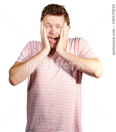 Portrait, man and hand for shock, surprise and announcement in studio on white background. Amazed, male person and hearing of wtf, omg and wow story with rumor, good news and gossip for scoop 140370650