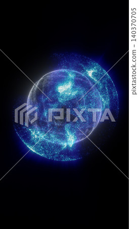 Abstract blue and white particle spheres glowing against black, suggesting digital matter, cosmic balance, and futuristic energy. 140370705