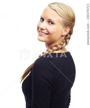 Woman, portrait and fashion with hairstyle in studio for cool, style and trendy with confidence. Female person, earrings and face with smile for casual, beauty and happiness on white background Woman, portrait and fashion with hairstyle in studio for cool, style and trendy with confidence. Female person, earrings and face with smile for casual, beauty and happiness on white background 140370721