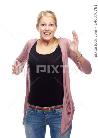 Woman, portrait and surprise for win in studio, promotion and announcement on white background. Happy female person, shock and good news or lottery success, information and sale or discount and deal Woman, portrait and surprise for win in studio, promotion and announcement on white background. Happy female person, shock and good news or lottery success, information and sale or discount and deal 140370761