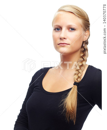 Beauty, skin and cosmetics for woman in studio on white backdrop. Model, stoic looking and isolated with mockup in shirt and minimal makeup or treatment for healthy or natural face with clean glow 140370778