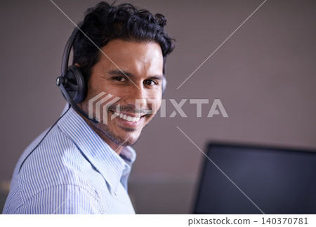 Man, call center and portrait with CRM and smile for tech support, help desk and communication with headset. Customer service consultant, contact us and telecom with mic for telemarketing sales Man, call center and portrait with CRM and smile for tech support, help desk and communication with headset. Customer service consultant, contact us and telecom with mic for telemarketing sales 140370781