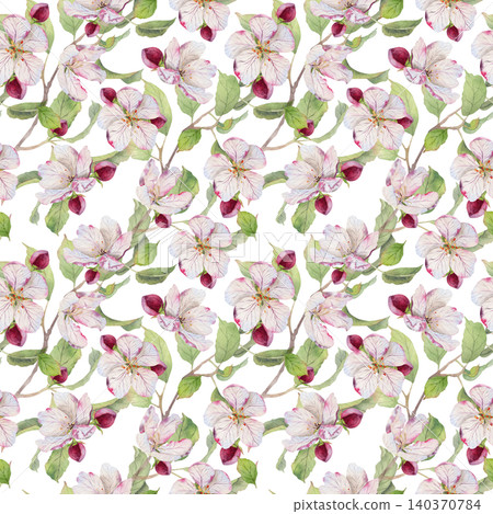 Seamless watercolor pattern with apple tree branches, blossoms, buds and green leaves Seamless watercolor pattern with apple tree branches, blossoms, buds and green leaves 140370784