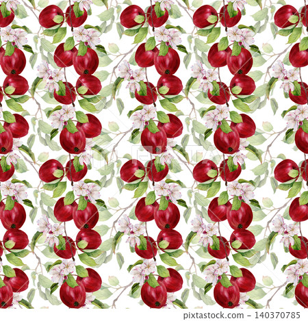 Seamless watercolor pattern with red apples on branches with leaves and apple blossoms 140370785