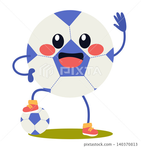 Soccer Ball Mascot Holding Football and Waving Cute Sports Character Soccer Ball Mascot Holding Football and Waving Cute Sports Character 140370813