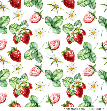 Watercolor strawberry seamless pattern with berries sliced fruit flowers and leaves 140370814