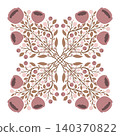 Vector geometric floral kaleidoscope in beige tones. Decorative silhouette of poppies. Folk art blooming wildflowers. 140370822