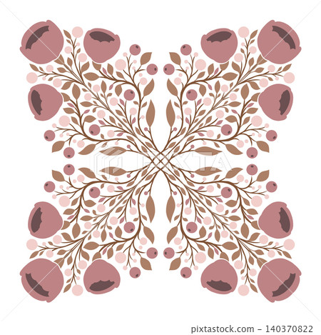 Vector geometric floral kaleidoscope in beige tones. Decorative silhouette of poppies. Folk art blooming wildflowers. Vector geometric floral kaleidoscope in beige tones. Decorative silhouette of poppies. Folk art blooming wildflowers. 140370822