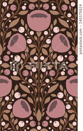 Vector seamless damask pattern with silhouette of flowers. Decorative flat texture with poppies and berries. Folk art blooming wildflowers Vector seamless damask pattern with silhouette of flowers. Decorative flat texture with poppies and berries. Folk art blooming wildflowers 140370824
