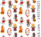 Vector seamless pattern with cute circus cats in a childish style. Texture with naive drawing kittens, acrobats, juggler 140370825