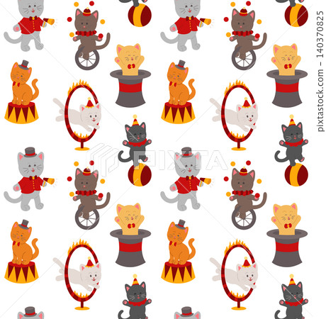 Vector seamless pattern with cute circus cats in a childish style. Texture with naive drawing kittens, acrobats, juggler 140370825