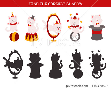 Educational game for children Find the correct shadow of circus cats. Fun kittens in childish flat style 140370826