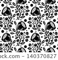 Vector folk art monochrome seamless pattern with poppies and berries on white background. floral ornament. Texture with black silhouette of flowers 140370827