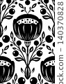 Vector seamless pattern with black silhouette of poppies and berries on a white background. Monochrome tracery texture with decorative flowers 140370828