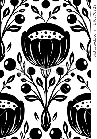 Vector seamless pattern with black silhouette of poppies and berries on a white background. Monochrome tracery texture with decorative flowers Vector seamless pattern with black silhouette of poppies and berries on a white background. Monochrome tracery texture with decorative flowers 140370828