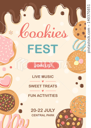 Cookies festival poster with dessert treats in playful doodle style Cookies festival poster with dessert treats in playful doodle style 140370851
