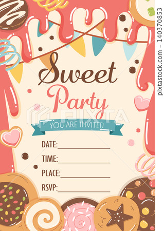 Party invitation poster with cookies and icing in playful doodle style 140370853