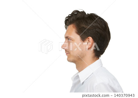 Man, side view and mockup space in studio for news, announcement and information. Business, formal and looking at professional idea, thoughtful or contemplative businessman on white background 140370943
