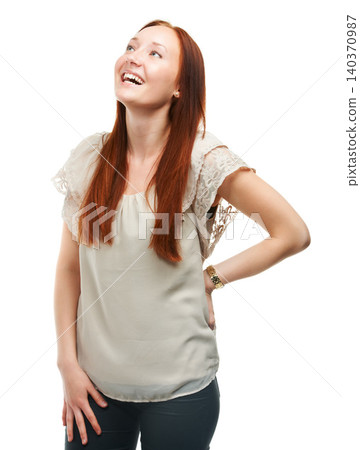 Studio, woman and happy in casual fashion or trendy style, thinking and creative idea by white background. French person, positive or professional in funky clothes or wellness in career as journalist Studio, woman and happy in casual fashion or trendy style, thinking and creative idea by white background. French person, positive or professional in funky clothes or wellness in career as journalist 140370987