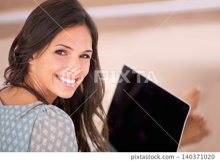 Woman, blank laptop and smile on sofa with remote work from home, living room or freelance editing. Person, writer and computer in portrait for typing, mock up space and article on web in Barcelona Woman, blank laptop and smile on sofa with remote work from home, living room or freelance editing. Person, writer and computer in portrait for typing, mock up space and article on web in Barcelona 140371020