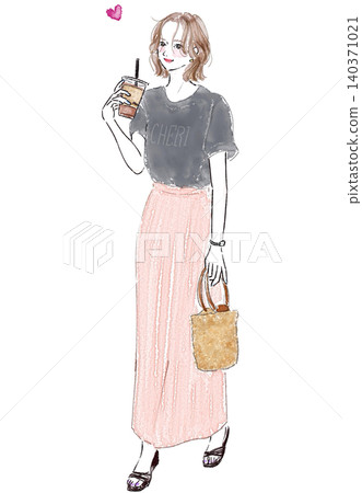 Full body of a woman in a long skirt holding a coffee cup Full body of a woman in a long skirt holding a coffee cup 140371021