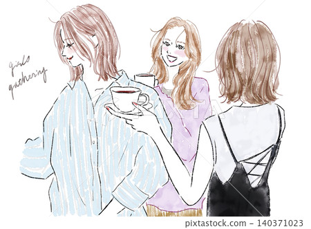 Three close female friends chatting at a cafe. Three close female friends chatting at a cafe. 140371023