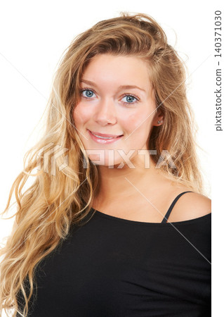 Studio, portrait and happy woman for beauty or cosmetics, shine and keratin treatment in closeup. German model, glow and shiny long hair with positive face and conditioner results by white background Studio, portrait and happy woman for beauty or cosmetics, shine and keratin treatment in closeup. German model, glow and shiny long hair with positive face and conditioner results by white background 140371030