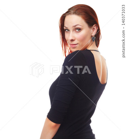 Fashion, portrait and ginger woman in studio isolated on a white background mockup space. Face, confidence and person in casual clothes, trendy and model in stylish outfit in Sweden on a backdrop Fashion, portrait and ginger woman in studio isolated on a white background mockup space. Face, confidence and person in casual clothes, trendy and model in stylish outfit in Sweden on a backdrop 140371033