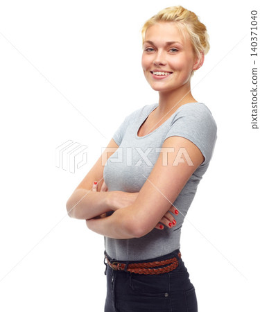 Portrait, fashion and smile of woman with arms crossed in studio isolated on a white background. Confidence, model and happy blonde person in casual clothes or trendy outfit on a backdrop in Germany Portrait, fashion and smile of woman with arms crossed in studio isolated on a white background. Confidence, model and happy blonde person in casual clothes or trendy outfit on a backdrop in Germany 140371040